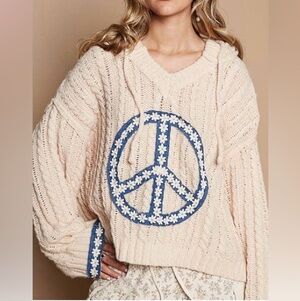 POL Cream V-Neck Peace Patch Trim Sweater Size Medium Oversized